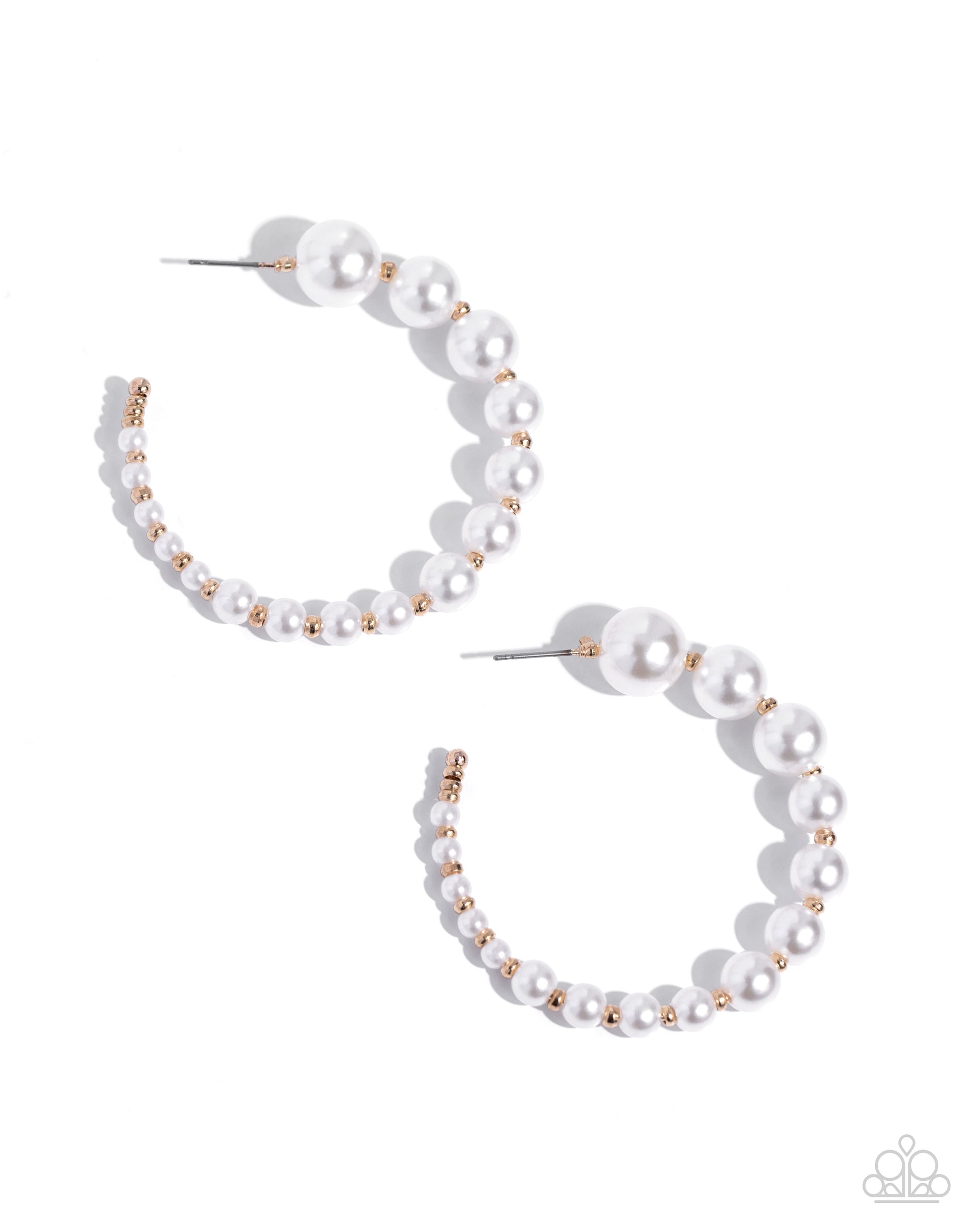 Refined hoop pearl earrings with alternating glossy white pearls and dainty gold beads, gradually decreasing in size.
