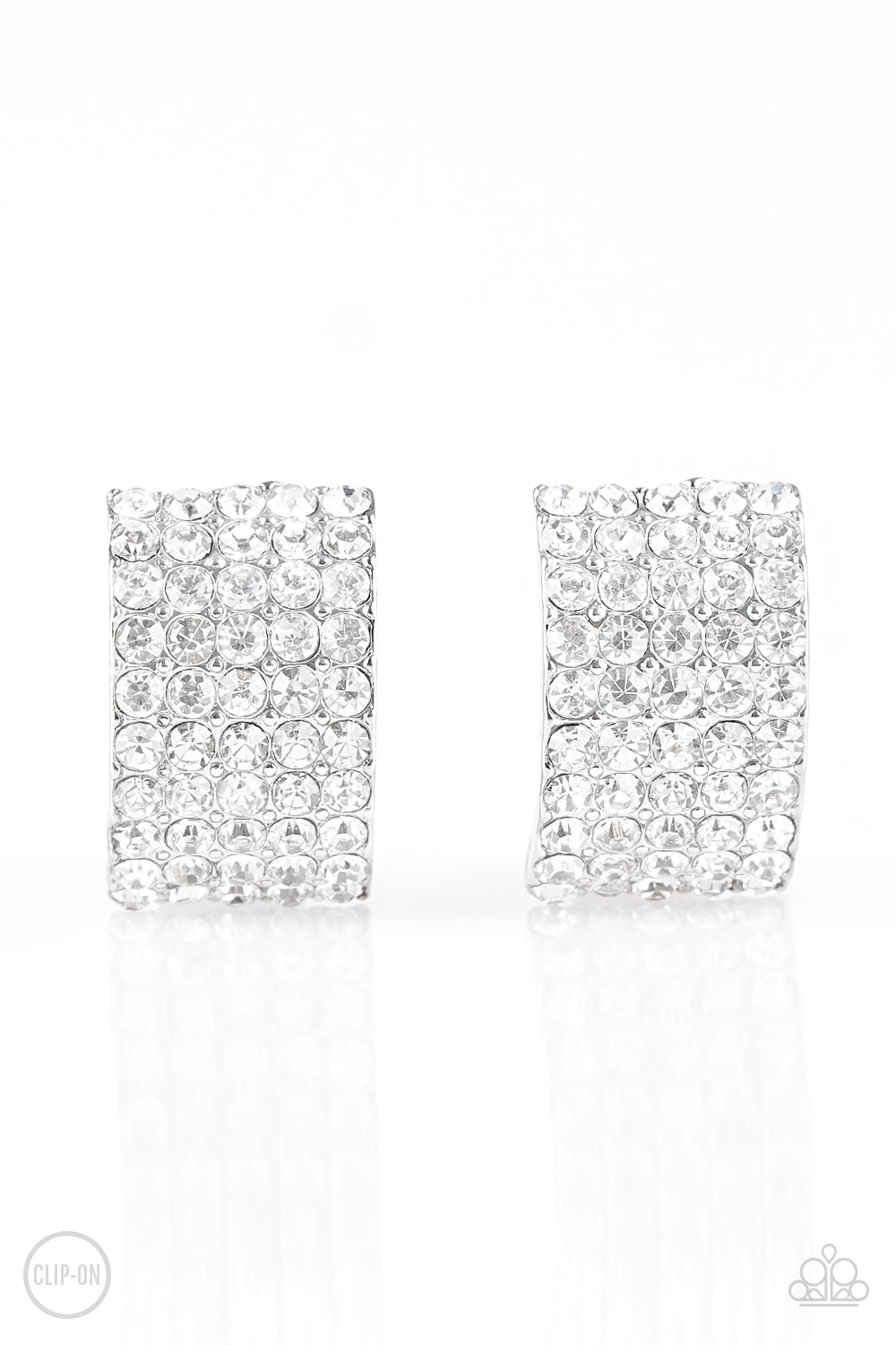 Paparazzi Hollywood Hotshot - White Clip-On Rhinestone Earrings - A Finishing Touch