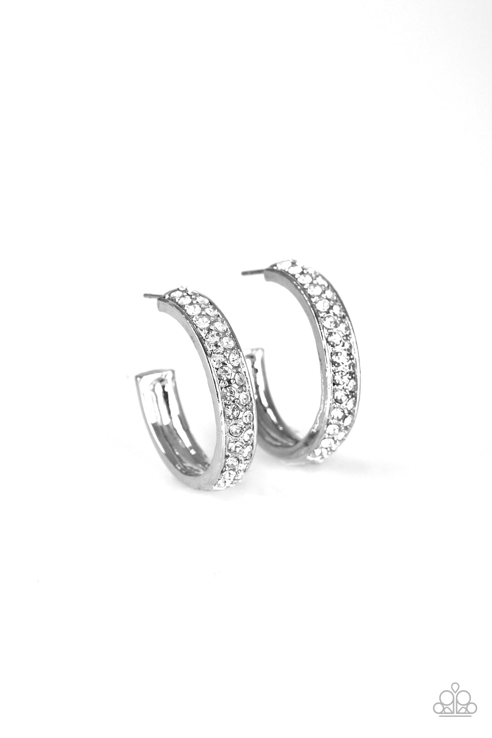 Paparazzi Cash Flow - White Hoop Rhinestone Earrings - A Finishing Touch