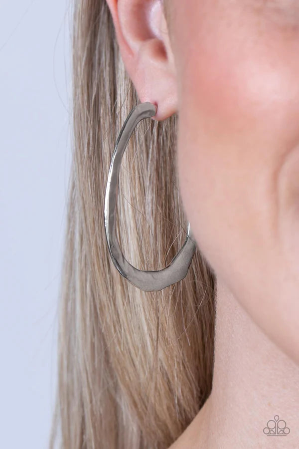 Silver Earrings Hoop - Paparazzi WARPED Speed - Silver Hoop Earrings Paparazzi jewelry image