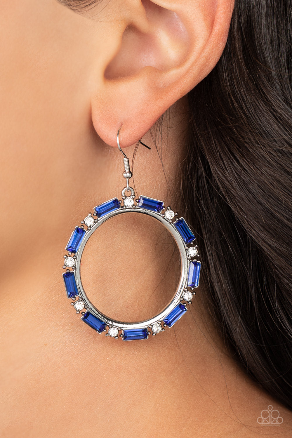 Silver Earrings Hoop - Paparazzi Gritty Glow - Blue Earrings Paparazzi  jewelry image