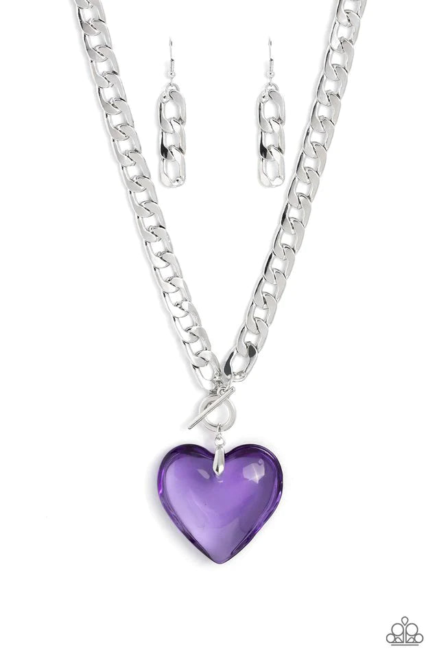 Heart Necklace Silver - Paparazzi GLASSY-Hero - Purple Heart Necklace Paparazzi jewelry image