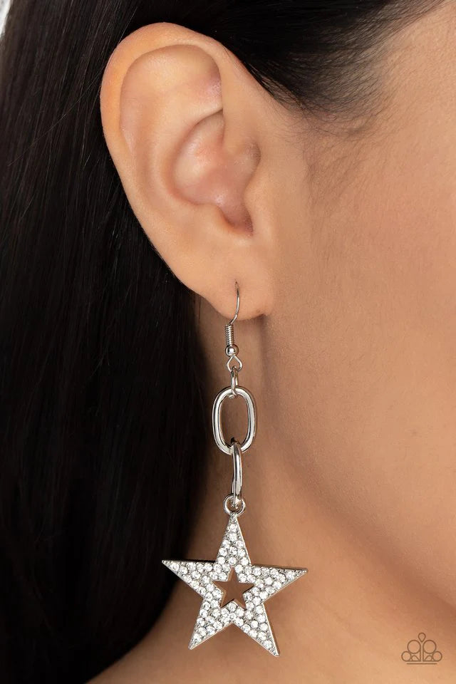 Silver Dangle Earrings - Paparazzi Cosmic Celebrity - White Earring Paparazzi jewelry image