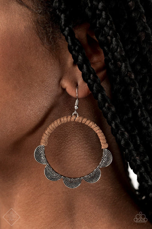 Tambourine Trend Brown Paparazzi Leather Earrings