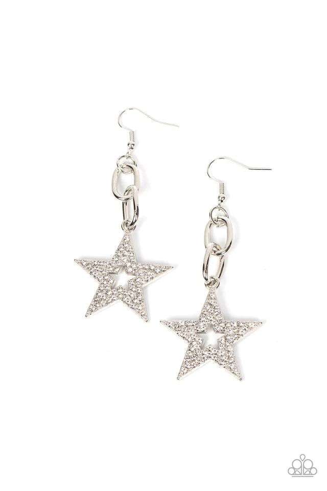Silver Dangle Earrings - Paparazzi Cosmic Celebrity - White Earring Paparazzi jewelry image