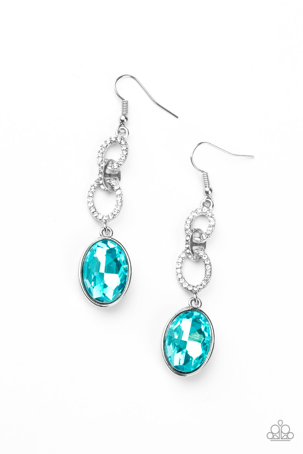 Paparazzi Extra Ice Queen - Blue Earrings - Fashion Plug Dramatic blue gem swings from the bottom of white rhinestone encrusted silver links, creating a glamorous lure. Earring attaches to a standard fish hook earring backs. Sold as one pair of dangle earrings. Free shipping on orders over $75