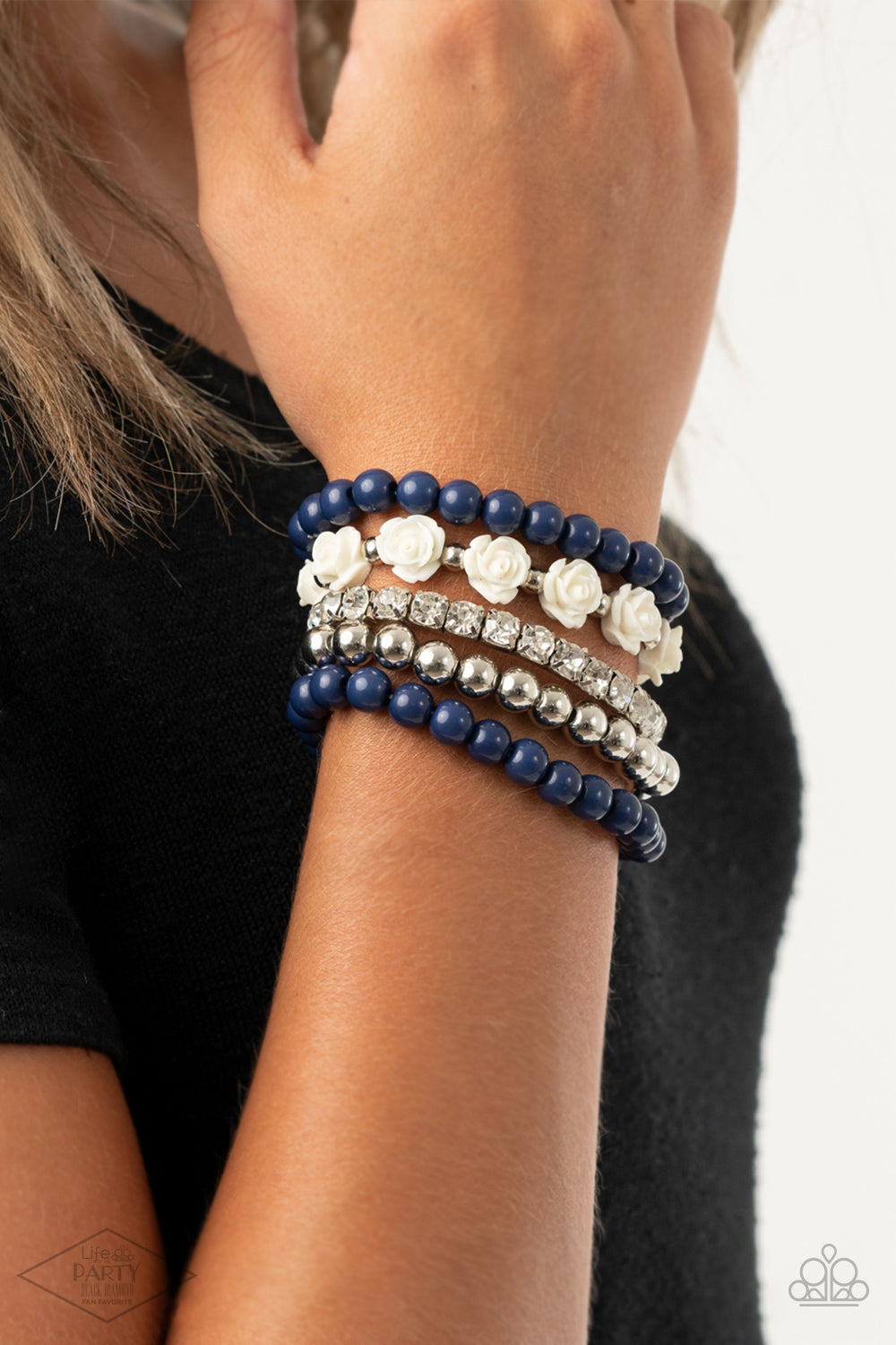 Paparazzi Rose Garden Grandeur - Blue Bracelet - Black Diamond Life of the Party Exclusive - A Finishing Touch Jewelry