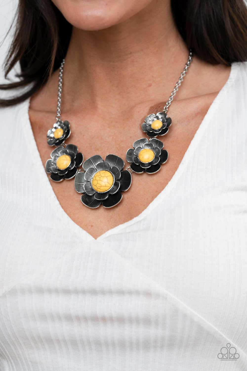 Paparazzi Bountiful Badlands - Yellow Petal Bloom Necklace - A Finishing Touch 