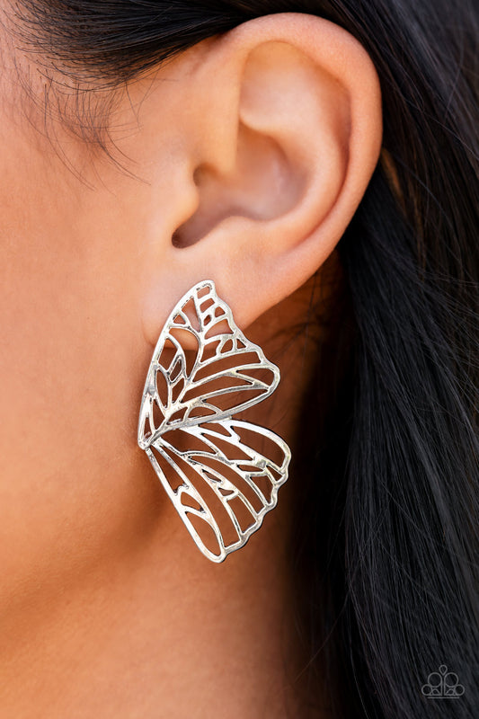 Paparazzi Butterfly Frills- Silver Earrings - August 2021 Life Of The Party Exclusive - A Finishing Touch Jewelry