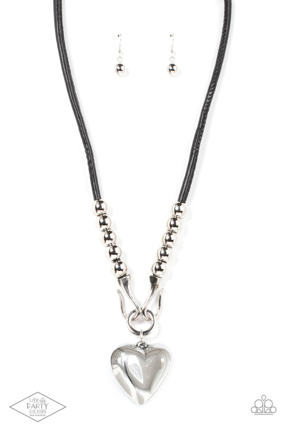 Paparazzi Forbidden Love - Black Necklace - Black Pendant Necklace Chunky silver beads, a silver heart pendant swings from a silver hook-like fittings that attach to a bold leather cord across the chest for a heartbreaker look.  Sold as one individual black pendant necklace.