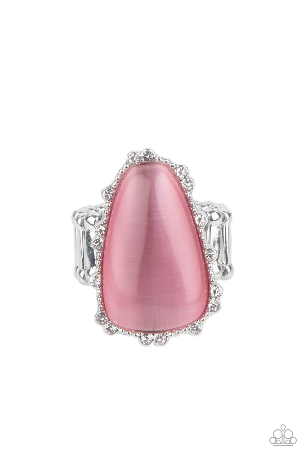 Paparazzi Jewelry Newport Nouveau - Pink Ring A Finishing Touch Jewelry A tranquil asymmetrical pink cat's eye stone is encased in a delicately dotted shimmery silver frame.Features a stretchy band for a flexible fit. Sold as one individual ring.