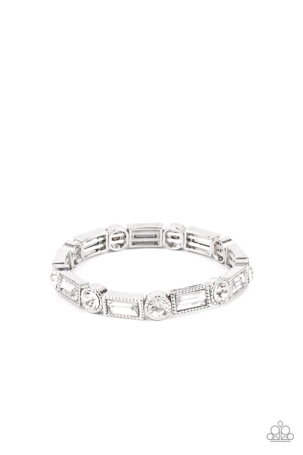 Paparazzi Jewelry Classic Couture - White Bracelet A Finishing Touch Classic round and baguette-cut rhinestones set in shiny dotted silver frames alternate around the wrist on stretchy bands for a shimmering finish. Sold as one individual bracelet.