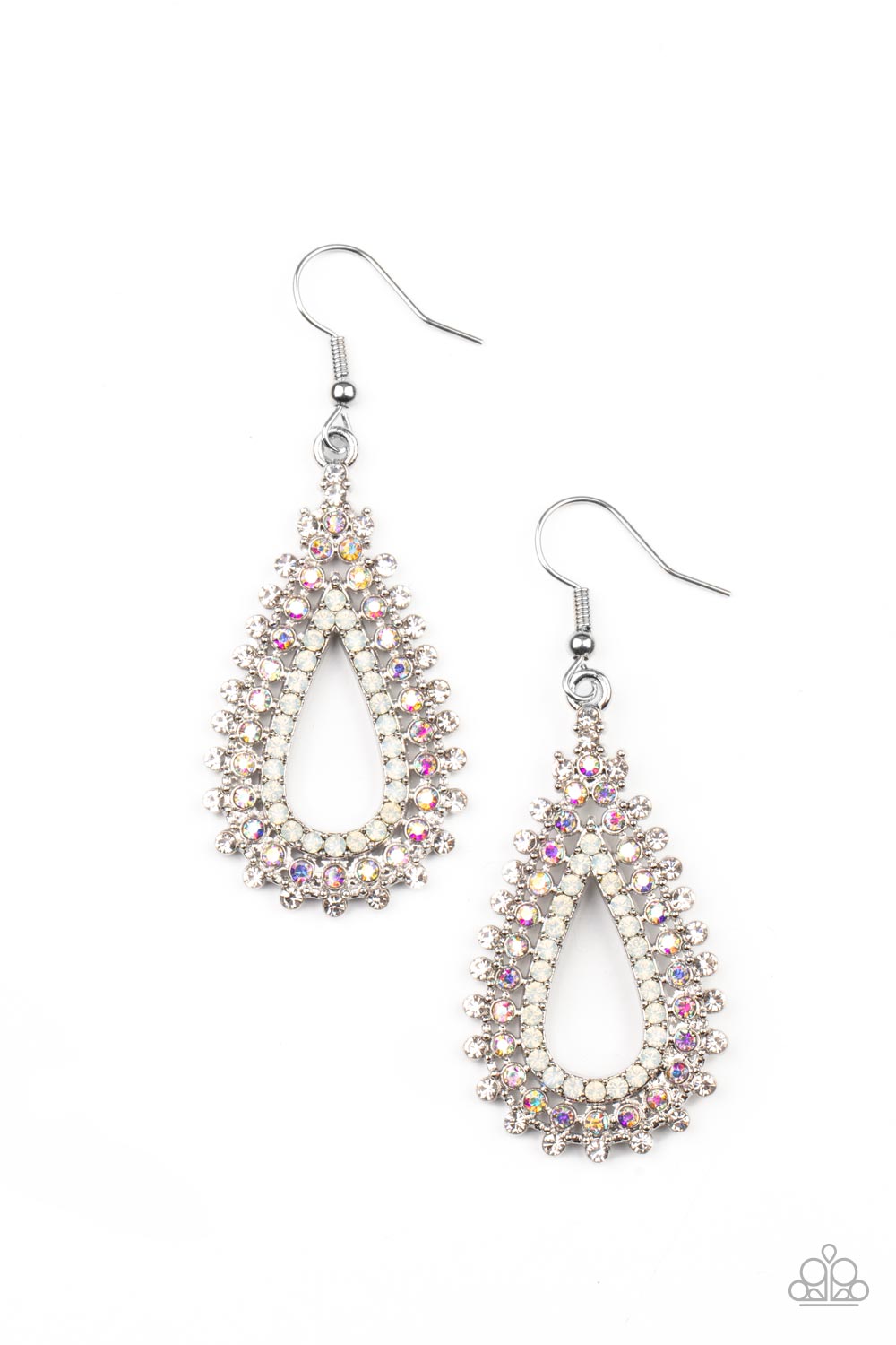 Paparazzi The Works - Multicolor Earrings White, iridescent, and opal rhinestones stack into a solitaire sparkly teardrop frame for a glamorous fashion. Earring attaches to a standard fish hook earring backs. Sold as one pair of multicolor earrings. Free Shipping on orders over $75