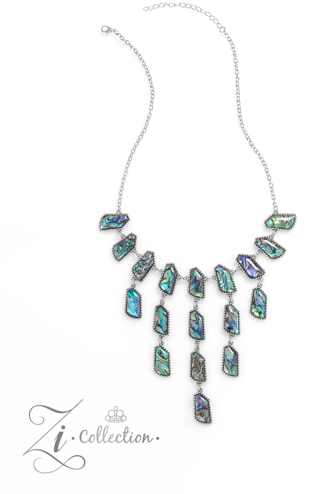 2023 Zi Collection Reverie Multi Necklace: Abalone shells, silver frames, pearlescent tassels. Includes matching earrings from A Finishing Touch Jewelry