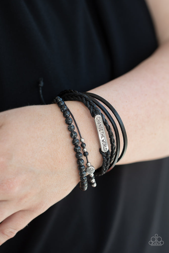 Paparazzi Change The World - Black Leather Bracelet - A Finishing Touch Jewelry